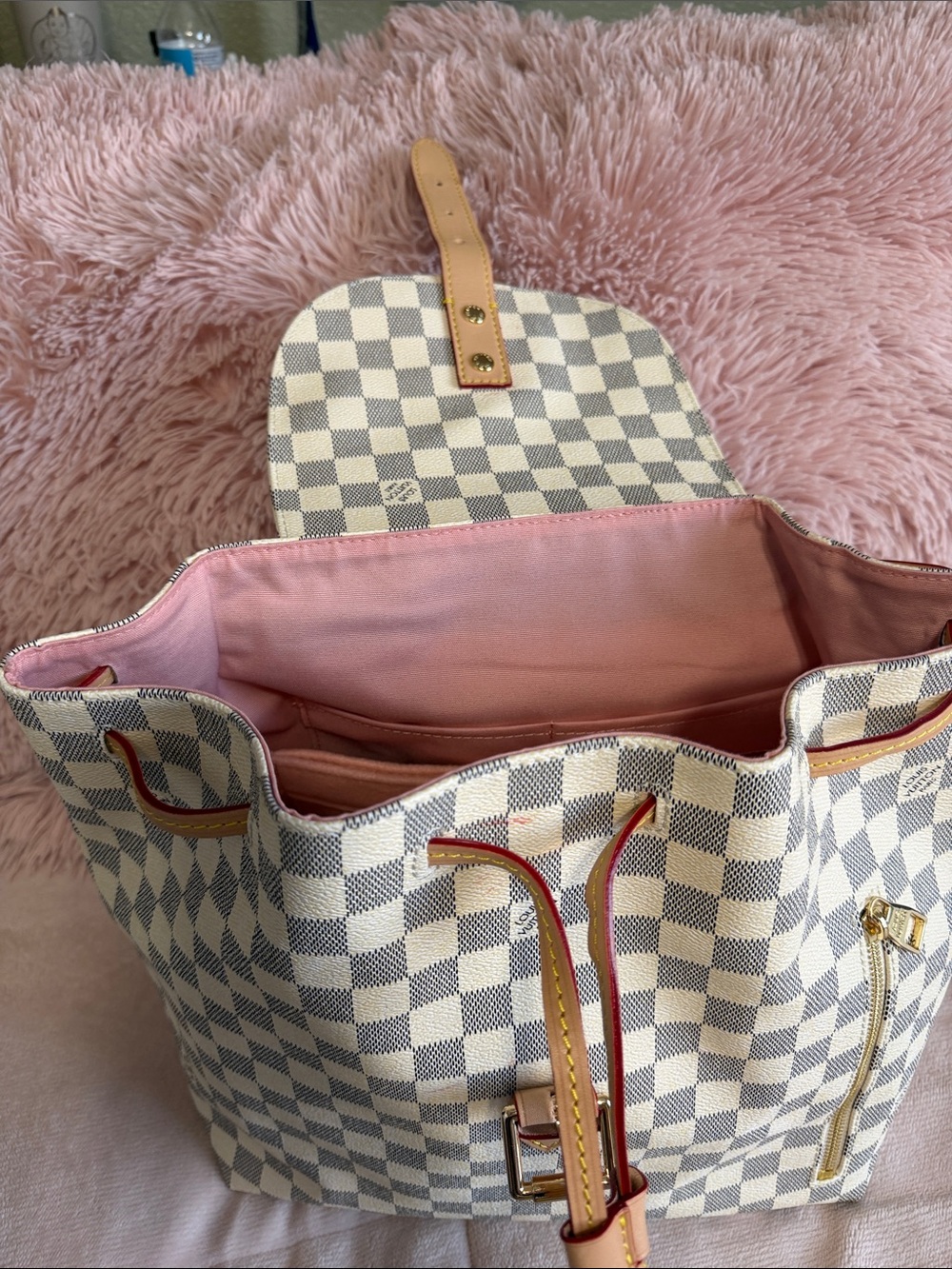 Designer-Inspired Women's Checker Canvas Backpack in Cream & Gray - Picture 2 of 16